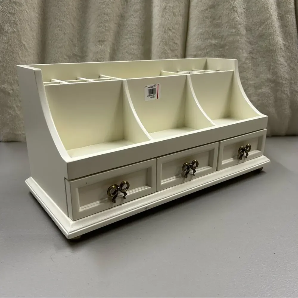 LoveShackFancy Regency Beauty Organizer White Gold Bow 3 Drawers Makeup Holder